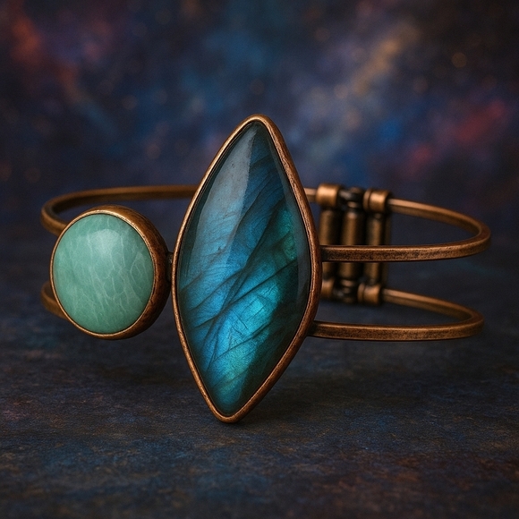 ๐๏ธBoho Chic Labradorite & Amazonite Antique Bronze Cuff Bracelet | Artisan Gems - Picture 7 of 13